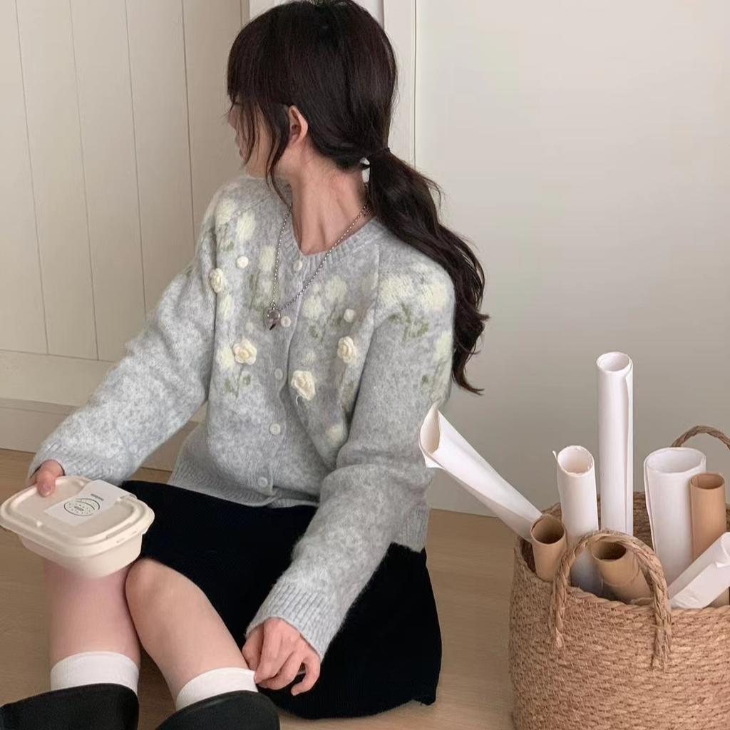 DIMANAF 2025 Flower Sweaters Cardigan Embroidered Flowers Autumn Women Print O-Neck Sweaters Knitting Loose Pink Sweater