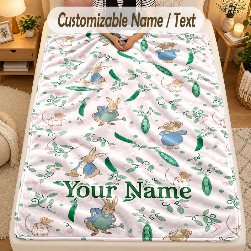 Flannel BlanketPeter Rabbit Custom Name Text Personalized Soft Warm Throw Blanket Home Decor Gift