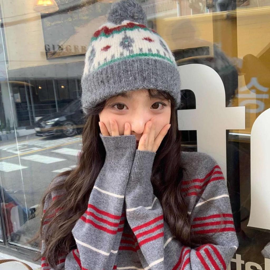 Korean Retro Fair Isle Chunky Knit Pom-Pom Earflap Hat for Autumn/Winter