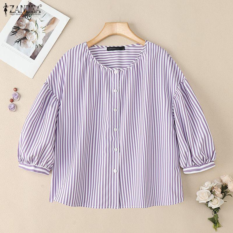 ZANZEA Women Casual Round Neck Loose Long Sleeve Stripe Blouse