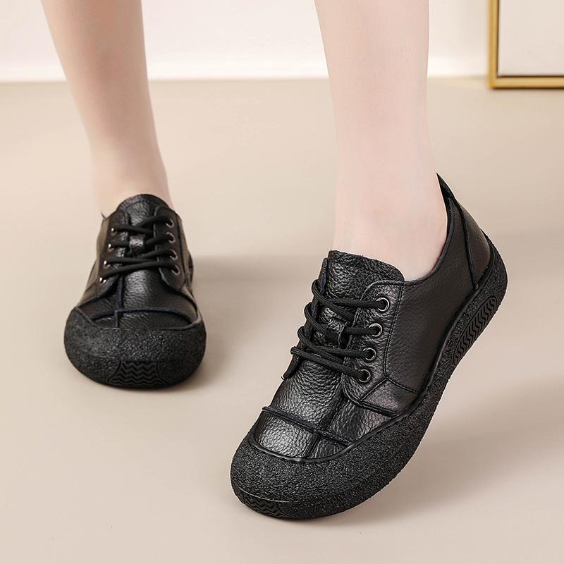 New Round Toe Oxfords Shoes For Woman Flat Laced Up Moccasins Wine Red Flats Women'S Genuine Leather Loafer Ladies Driving Flats