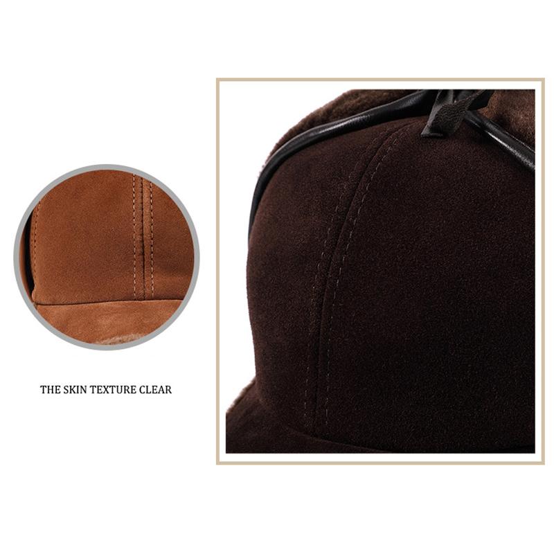 Luxury Winter Man Real Leather Full Wool Goat Fur One Bomber Hats Male Fleece Warm Caps Brown/Dark Blue Motocycle Bonnet