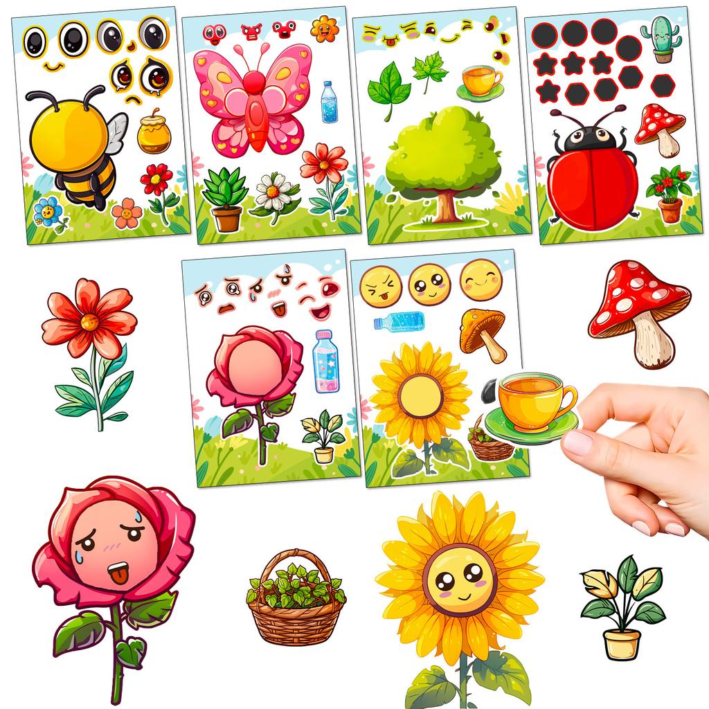12 Photos/package Children's Cartoon Spring Garden Bee Toy Handmade Puzzle Sticker Emoji Replaceable