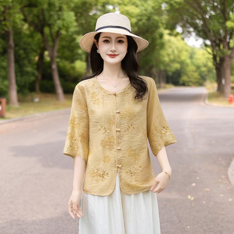New Chinese Style Embroidered Half-Sleeve Shirt for Middle-Aged Women