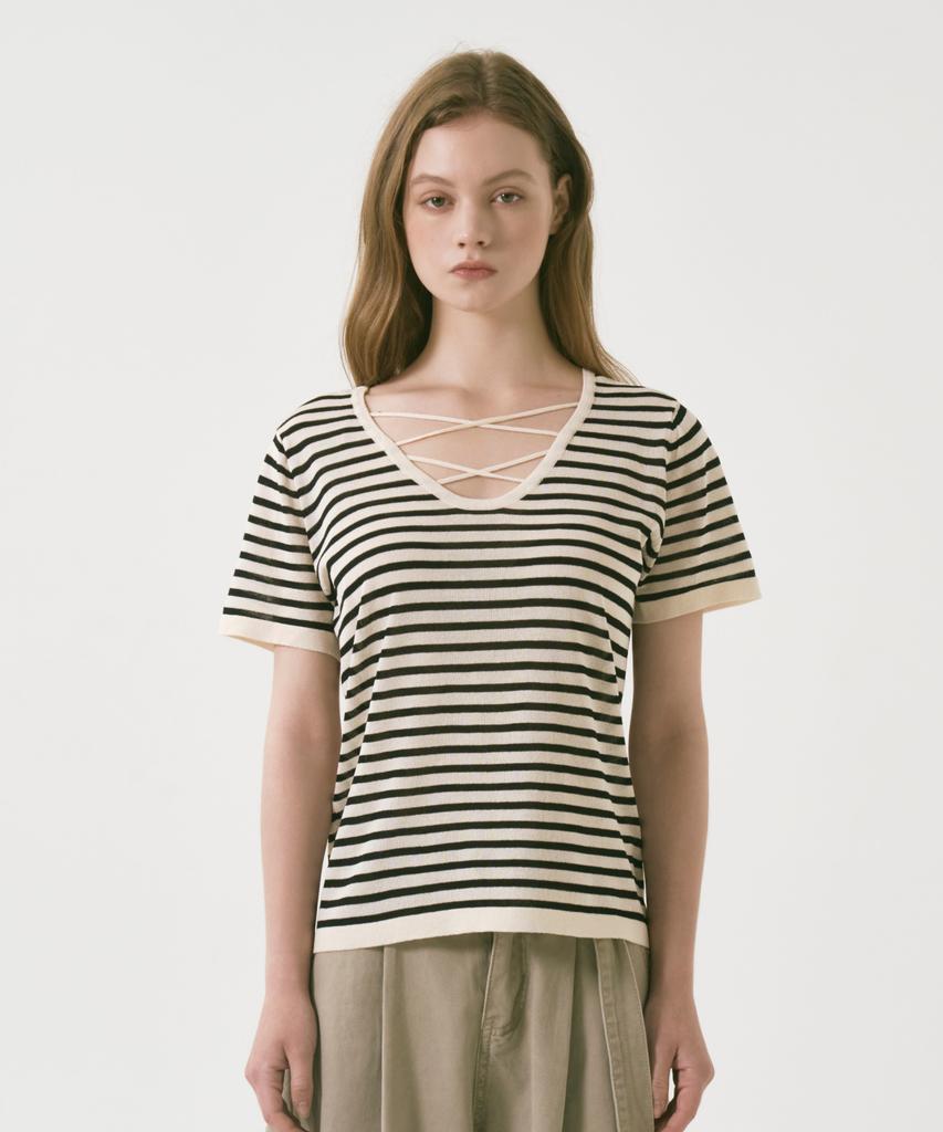 OCCUR Two-Way Cool Viscose V-Neck Short Sleeve Knit, Striped Ivory
