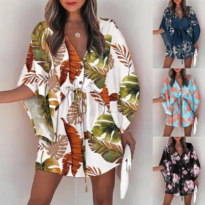 Vestido camisa feminino sexy decote em v estampado manga morcego mini vestido verão solto boho praia vestidos de festa