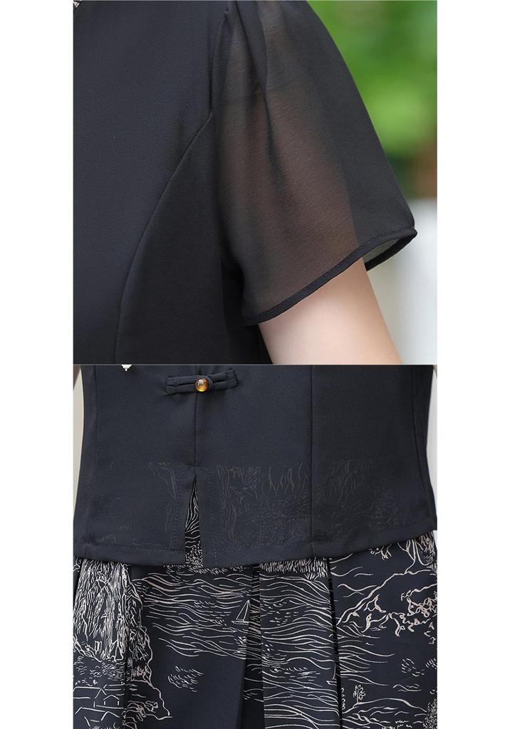 Stylish Chiffon Summer Dress for Middle-Aged & Elderly Women - Short Sleeve, Waist-Cinching Design