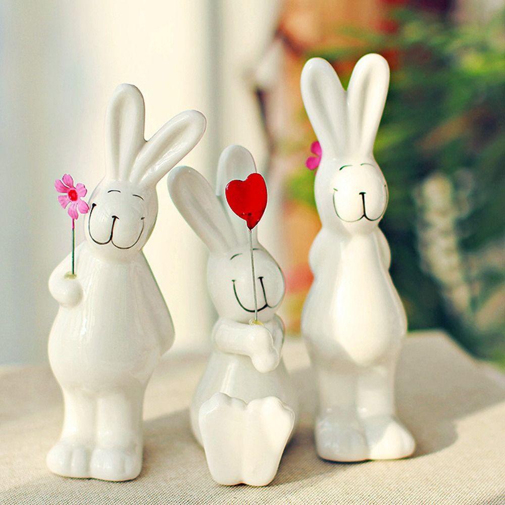 3pcs Ceramic Couple Rabbit Figurine Cute Animal Sculpture Bunny Statue Christmas