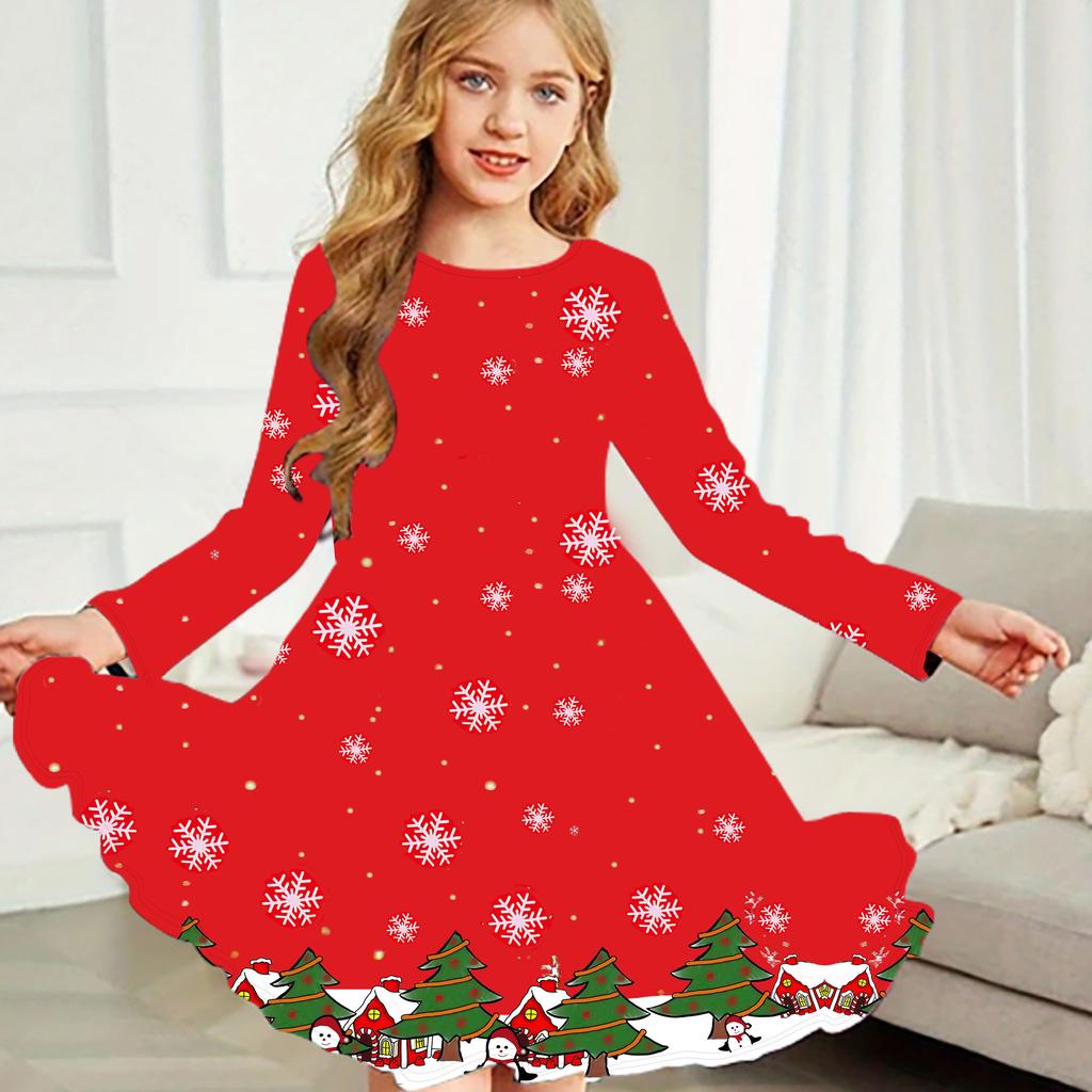 Girl Casual Christmas Print Round Neck Long Sleeve Dress Kid Princess Dress