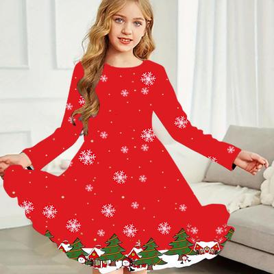 Robe décontractée à manches longues et col rond pour fille, imprimé Noël, robe de princesse pour enfant