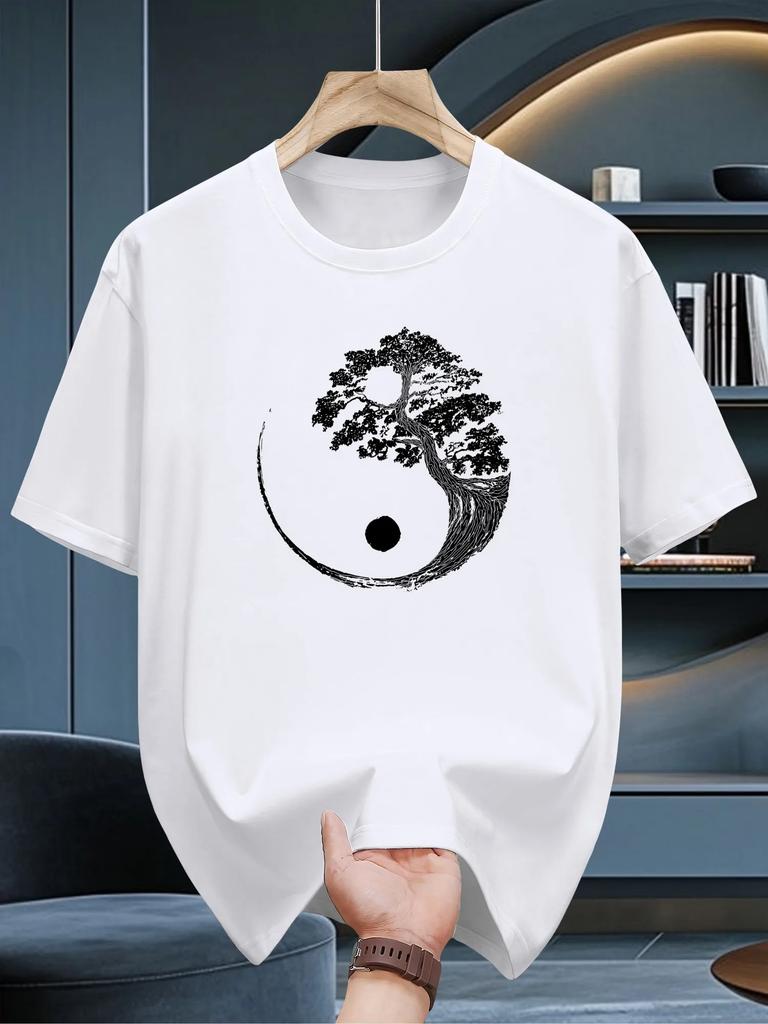 Zen Yin Yang Pine Tree Print Unisexs 100 Cotton Tshirt Casual Oneck Short Sleeve Tops Streetwear Tees