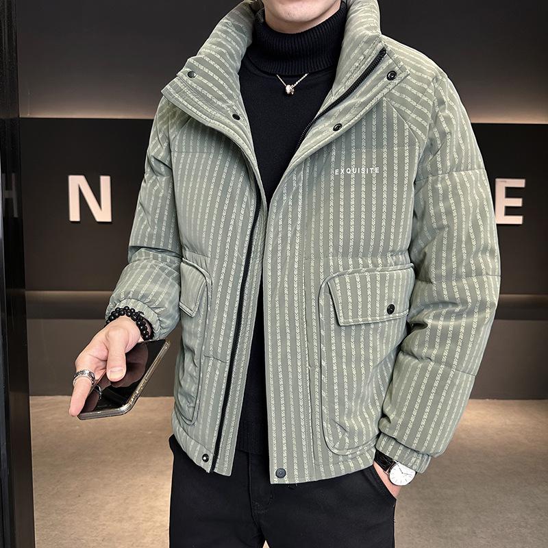 Trendy Brand Men's 2025 Winter White Duck Down Striped Puffer Jacket with Gold Thread and Soft Fur