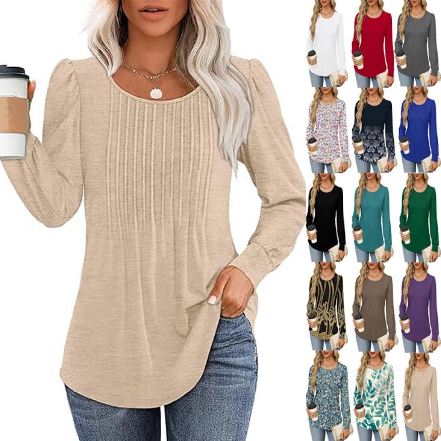 Maglietta a maniche lunghe da donna autunnali, alla moda, casual, plissettata, con scollo rotondo basso, abbigliamento da donna