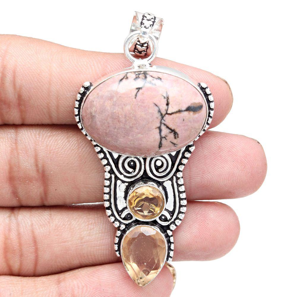 Pendant Rhodonite Gemstone Gift For Her Silver Jewelry 2.75"