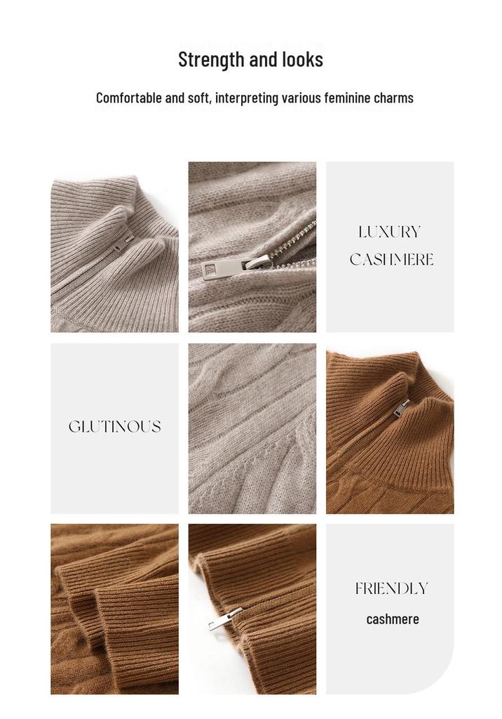 Lekasha Ribbed Aran Pattern Cashmere Cardigan - Soft Old Sheepskin Stand Collar Zipper Plush.
