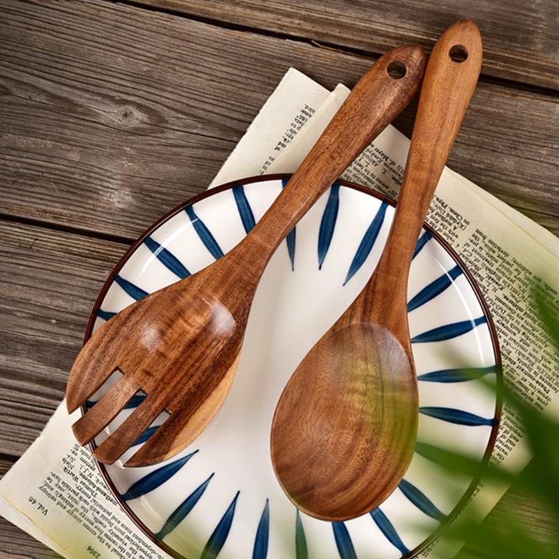 2 Stück Holzlöffel Küchen Suppenlöffel Schöpfkelle Kochen Servierlöffel Langer Griff Holzlöffel Gabel Salatbesteck Servierset Geschirr