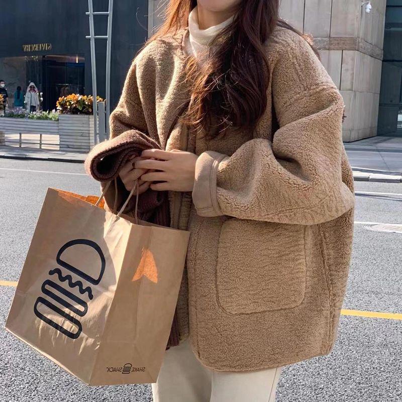 Khaki Lambswool Coat for Women: 2025 Autumn/Winter Korean Design