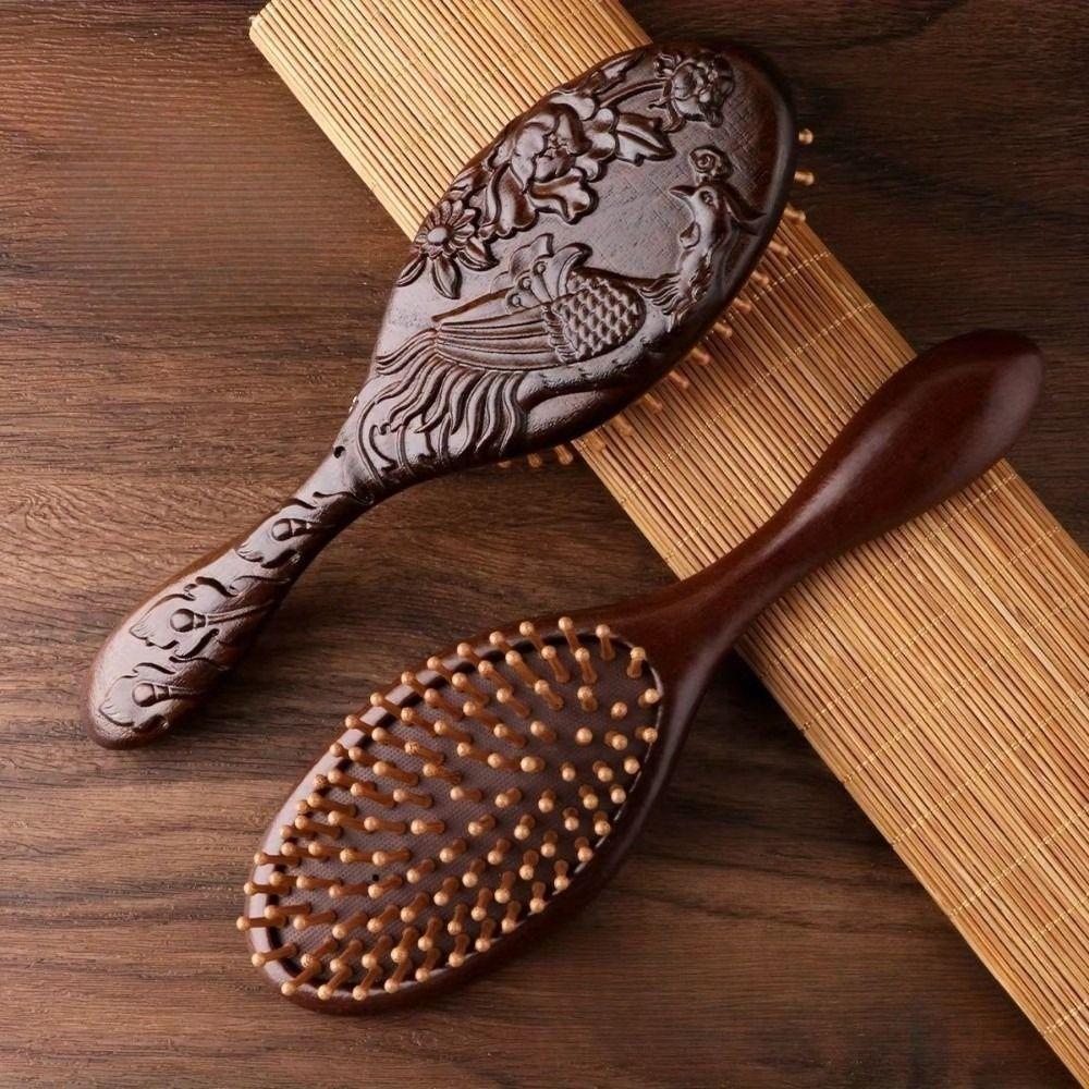New High Quality Hand Carved Sandalwood Comb Oval Shape Wooden Air Cushion Comb Styling Brush Fine-Toothed Scalp Massage Brush