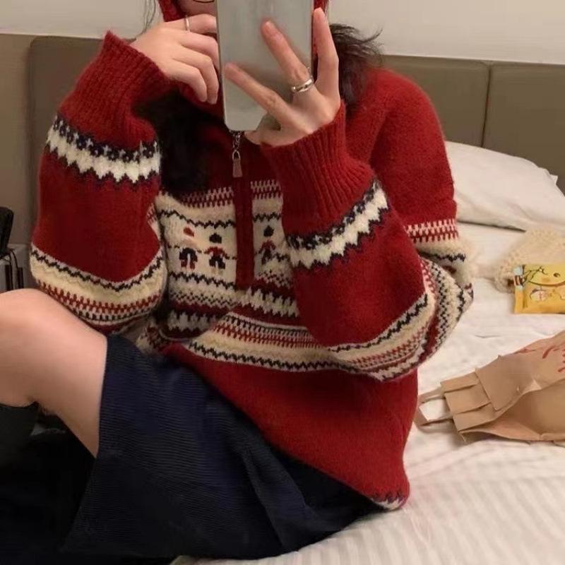 

Женский красный ретро свитер поло в стиле колледжа 2024 – Рождественский узор, плотная вязка, свободный крой для осени и зимы. One Size красный