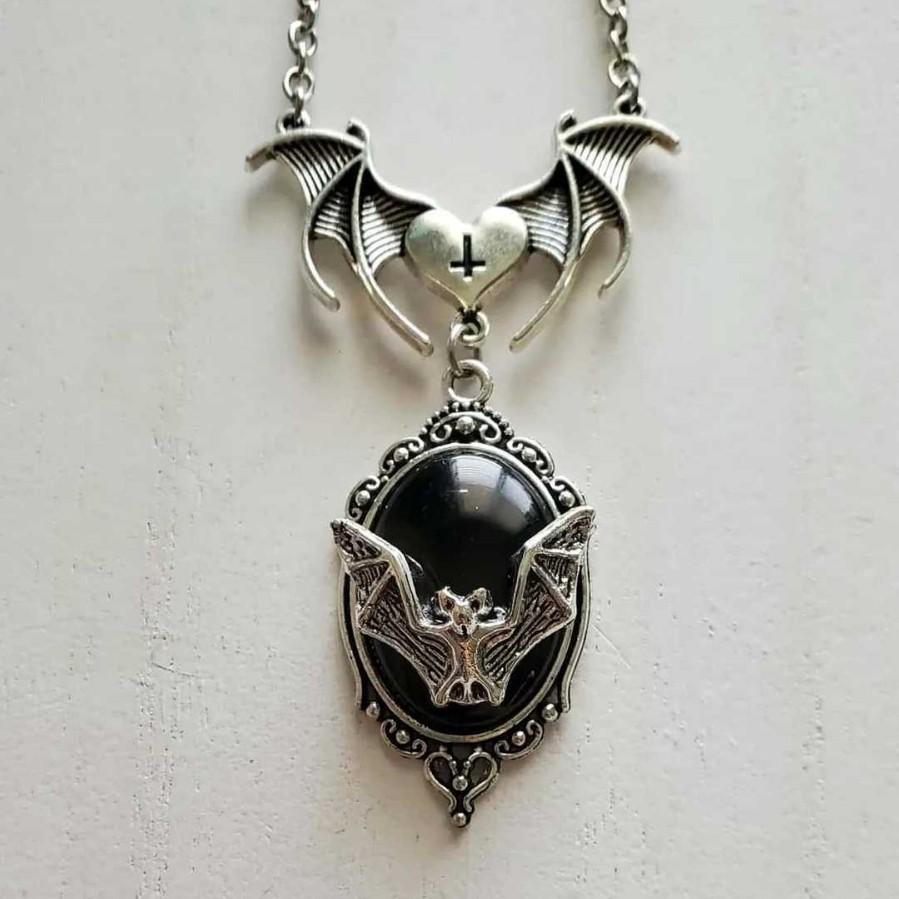Gothic Vampire Necklace with Black Stone Bat & Silver Heart Wings