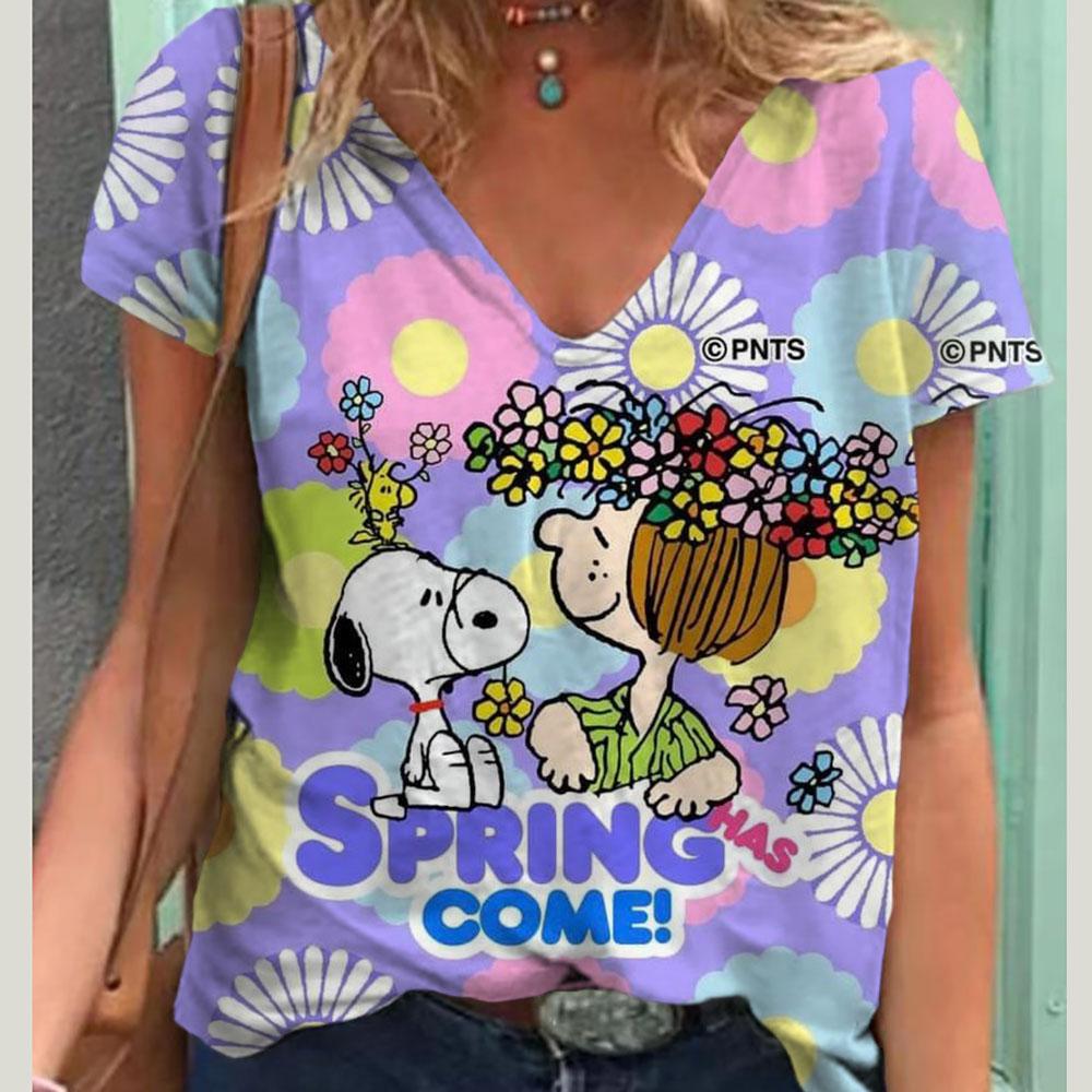 V-Neck Women's Sexy T-shirts Short Sleeve Breathable Simple Snoopy Cartoon Print Tops T-shirt Fun Patterns 15 Color Pullover Top