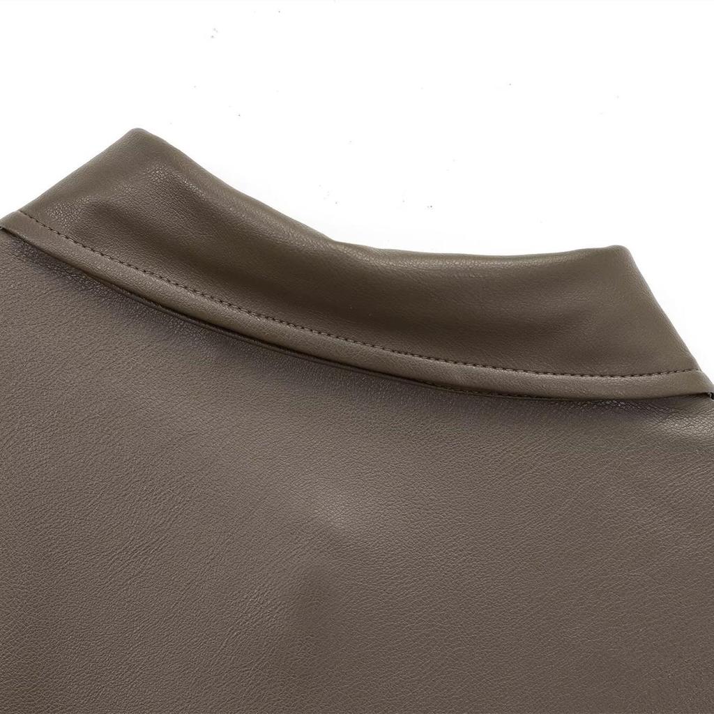 Spring 2025 Women's Slim Fit Faux Leather Belted Long Sleeve Dress