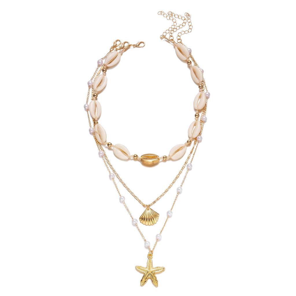 3Pcs/Set Pearl Starfish Shell Necklace For Women Bohemian Layered Beach Choker Jewelry Gift