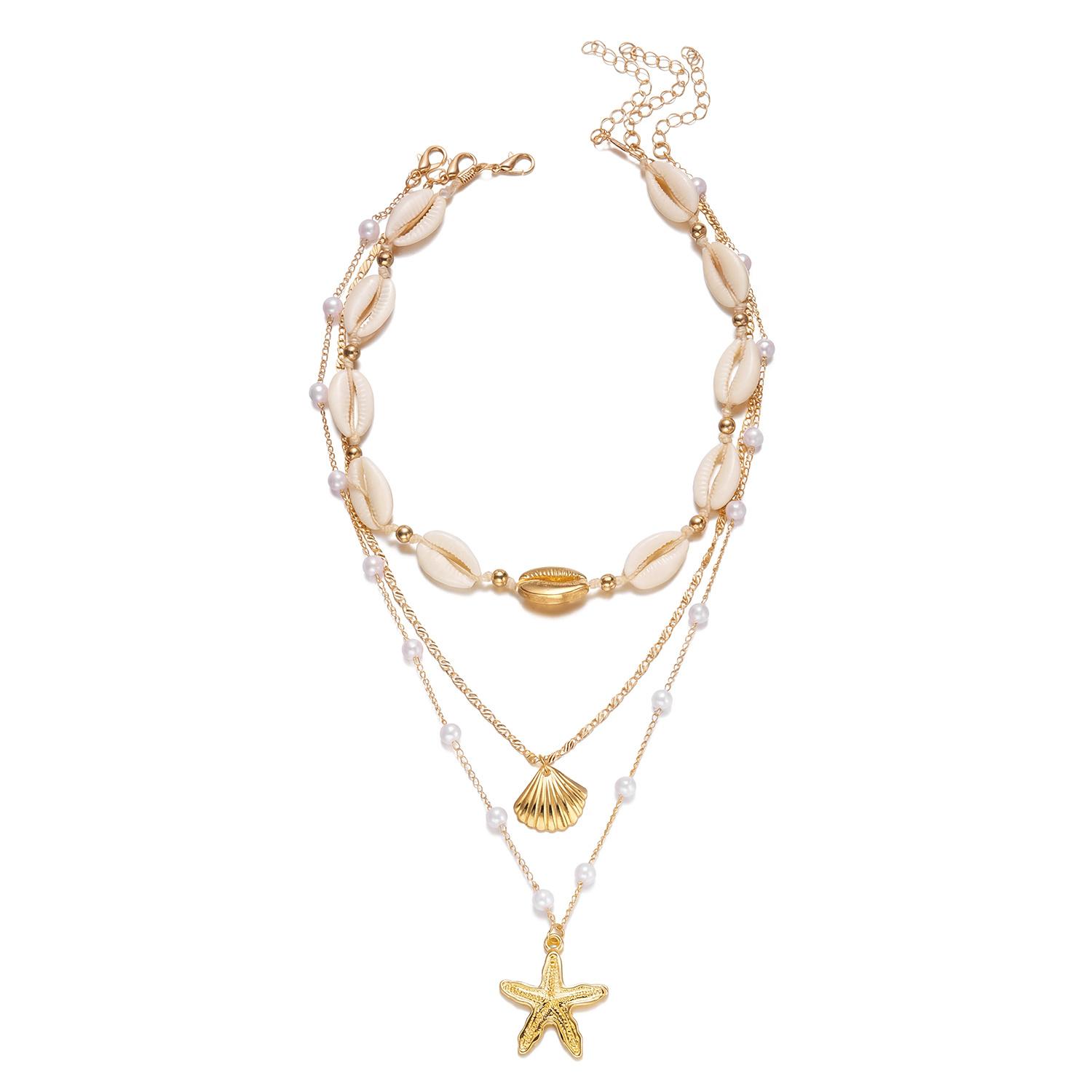 3Pcs/Set Pearl Starfish Shell Necklace For Women Bohemian Layered Beach Choker Jewelry Gift