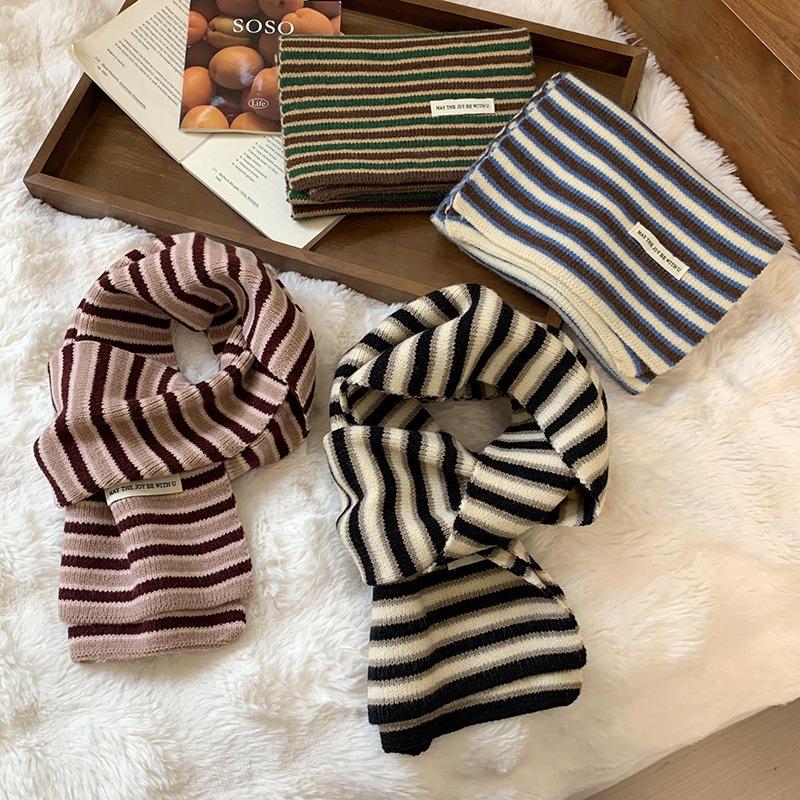 Scarf wool knitted autumn and winter new versatile thickened warm literary striped scarf shawl scarf
