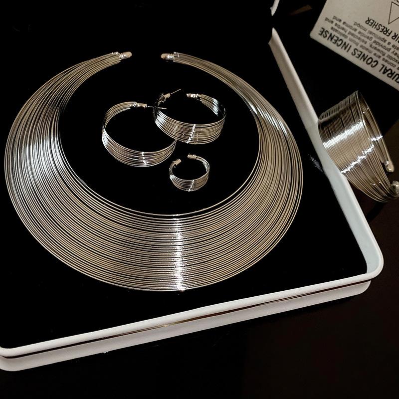 New 4 Pcs Metal Gold Color Geometric Multi-layer Necklaces for Women Heavy Industry Bangles Round Earrings Fashion Zircon Sets