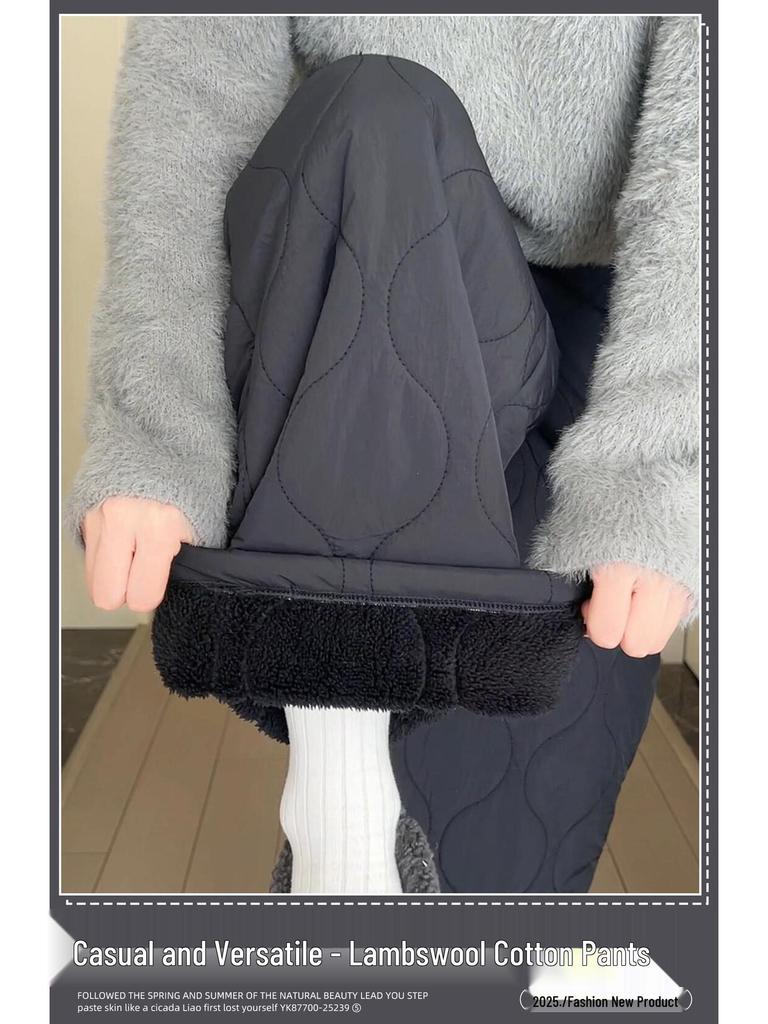 Women's Black Thick Lambswool Cotton Patchwork Wide-Leg Pants - Autumn/Winter Warm Velvet Plush, Straight-Leg Style