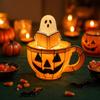 Halloween Table Decor Ghost Reading Book Lamp, Stained Glass Style Night Light, Resin Spooky Retro Light Pumpkin Bedside Lamp for Bedroom, Living