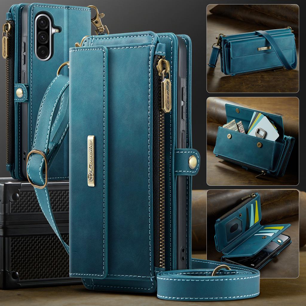 Für Samsung Galaxy A56 5G Hülle CASEME C39 RFID-Blockierender Reißverschluss-Geldbörse Ständer Lederhülle mit Riemen