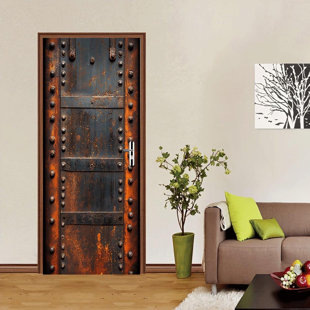 2pcs Retro Industrial Style Metal Rivet Decorative Door Wall Stickers, Simulated Rust Texture Self-adhesive Wallpaper, Living Ro
