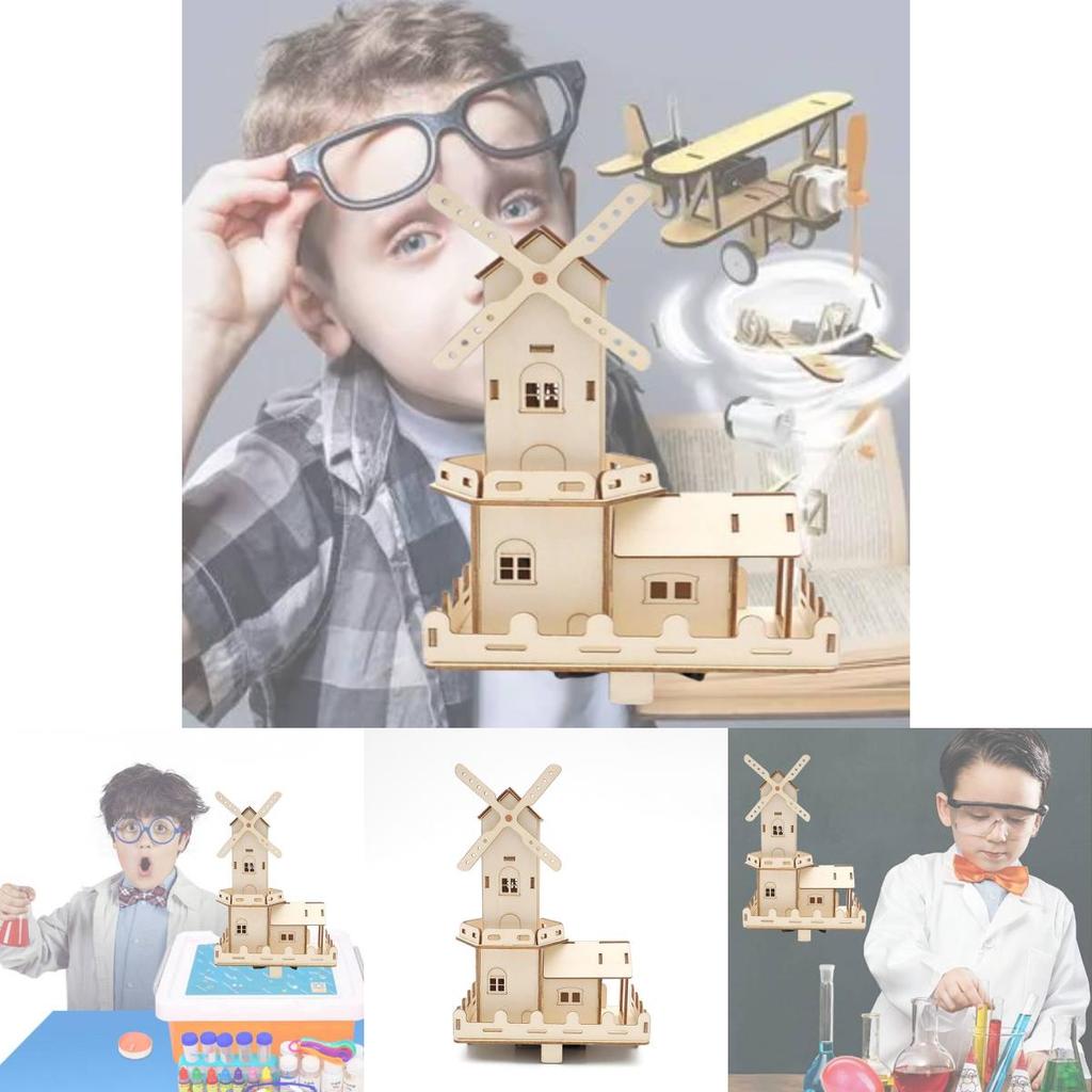 Children's Wooden Diy Dutch Windmill Science Toy Electric Light House Educational Model