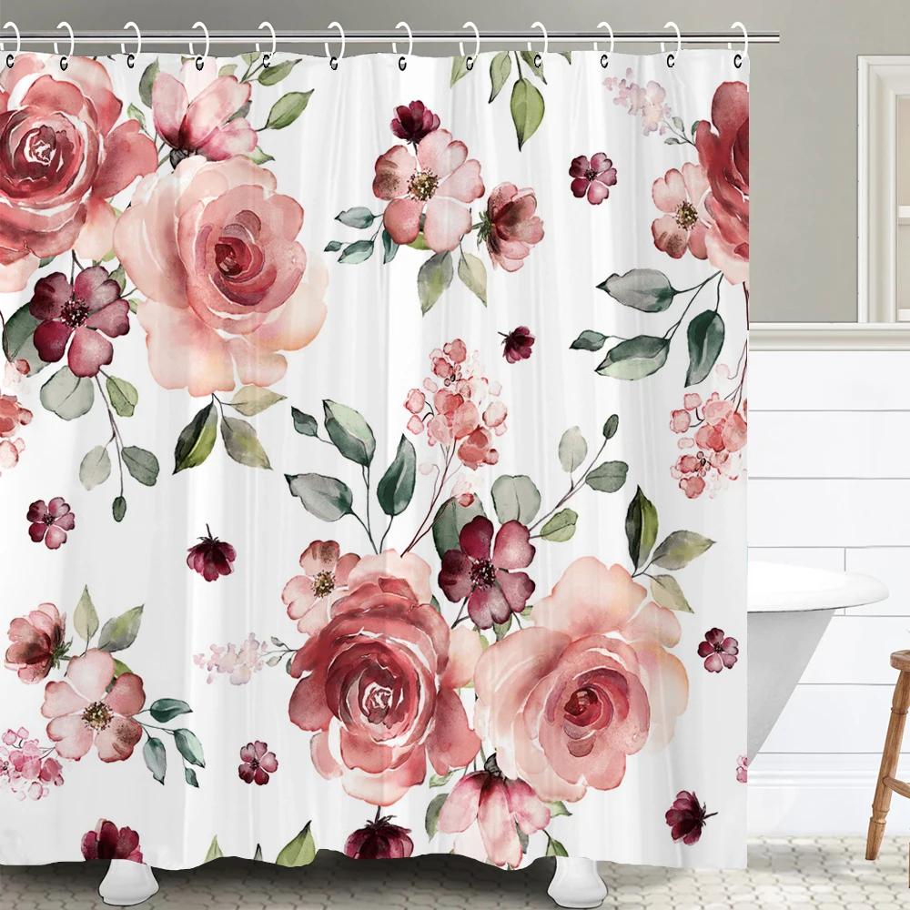 1 Pcs nordic beautiful flowers waterproof shower curtain, rose flower bathroom decoration curtain, with plastic hooks