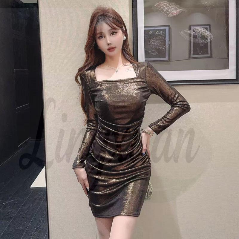 Chic Square Neck Long Sleeve Bodycon Pleated Dress Large кофейный