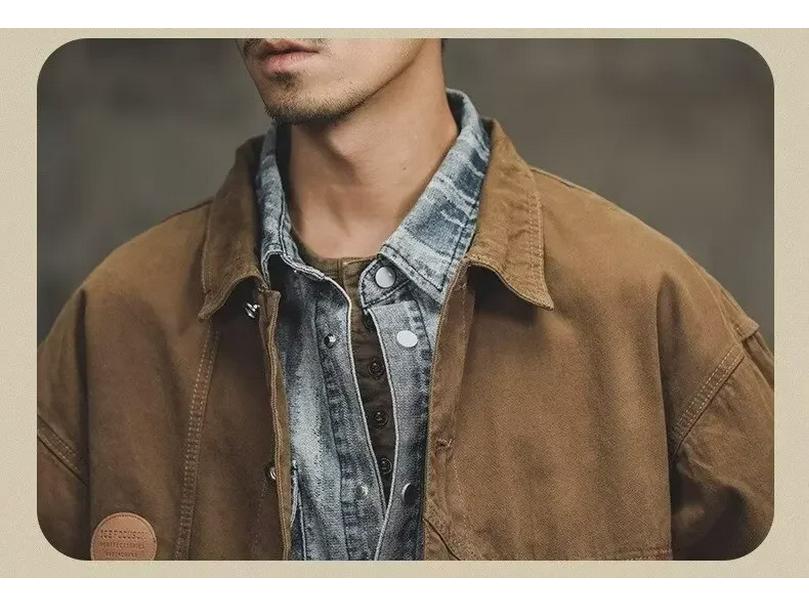 Pánská vintage hnědá voskovaná džínová lovecká bunda - Retro podzimní pracovní oděv, volný a trendy styl