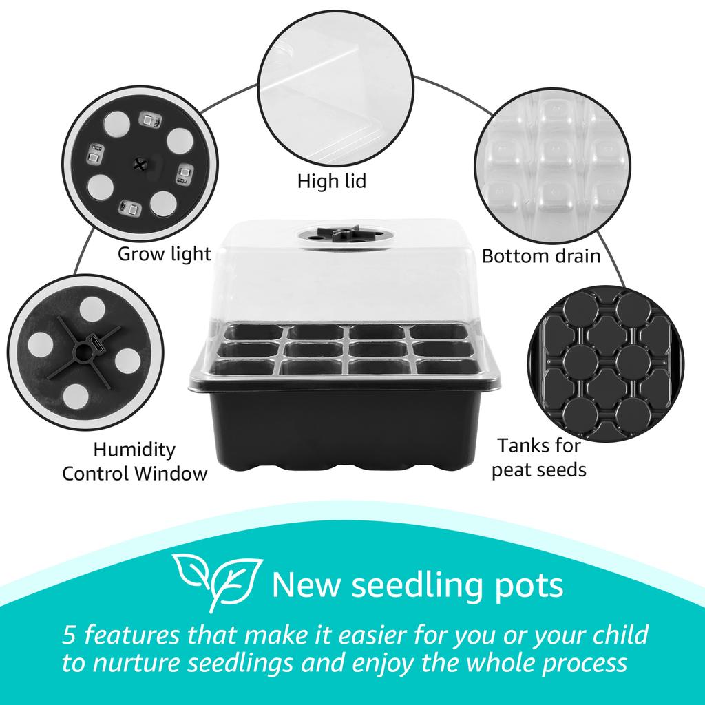 5pcs 12 Cells Plant Seeds Grow Box Full Spectrum LED Grow Light Seed Starter Kit Seedling Trays Germination Box Trays