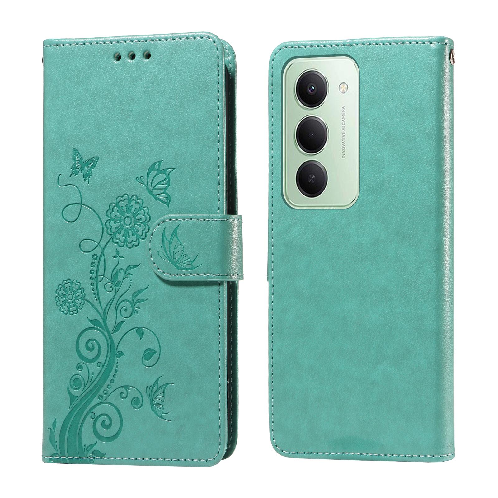 

Для Xiaomi Redmi 15 5G Кожаный чехол Бабочка Цветочный принт Кошелек Подставка Обложка Green