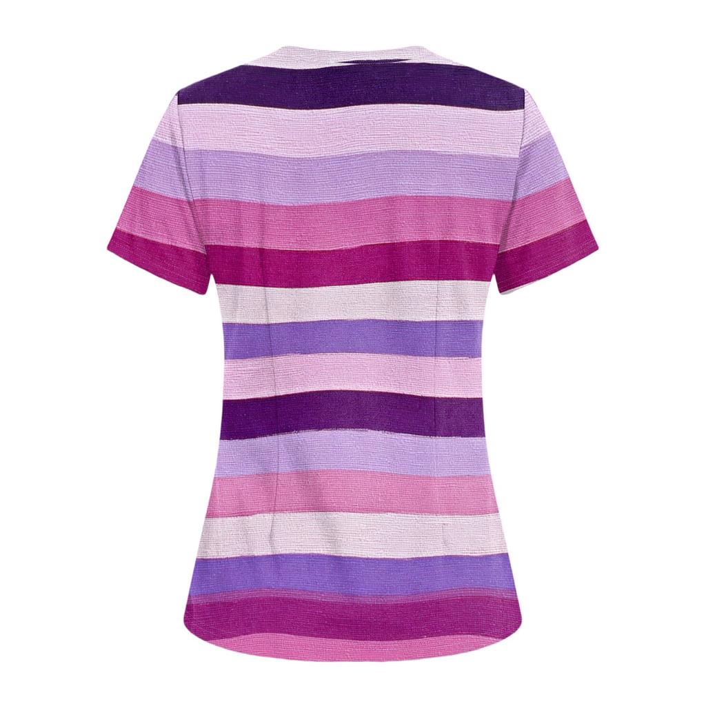 Women's V-neck Three-pocket Short-sleeved Striped Printed  Uniform/caregiver Top With Slits At The Hem