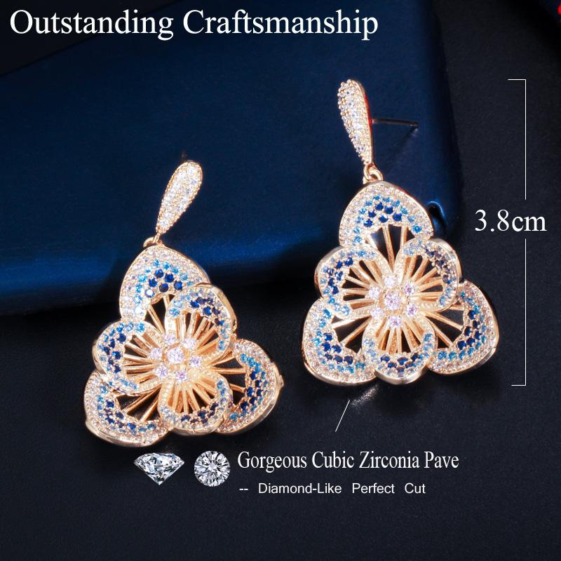 CMM Gorgeous Gold Color Zirconia Flower Hollow Carved Drop Earrings