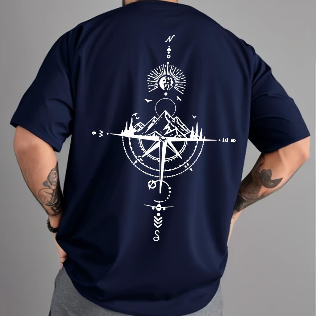 Summer Mens 100 Pure Cotton Casual Sports Loose Oversized Retro Compass Printed Comfortable Round Neck Short Sleeved Tshirt