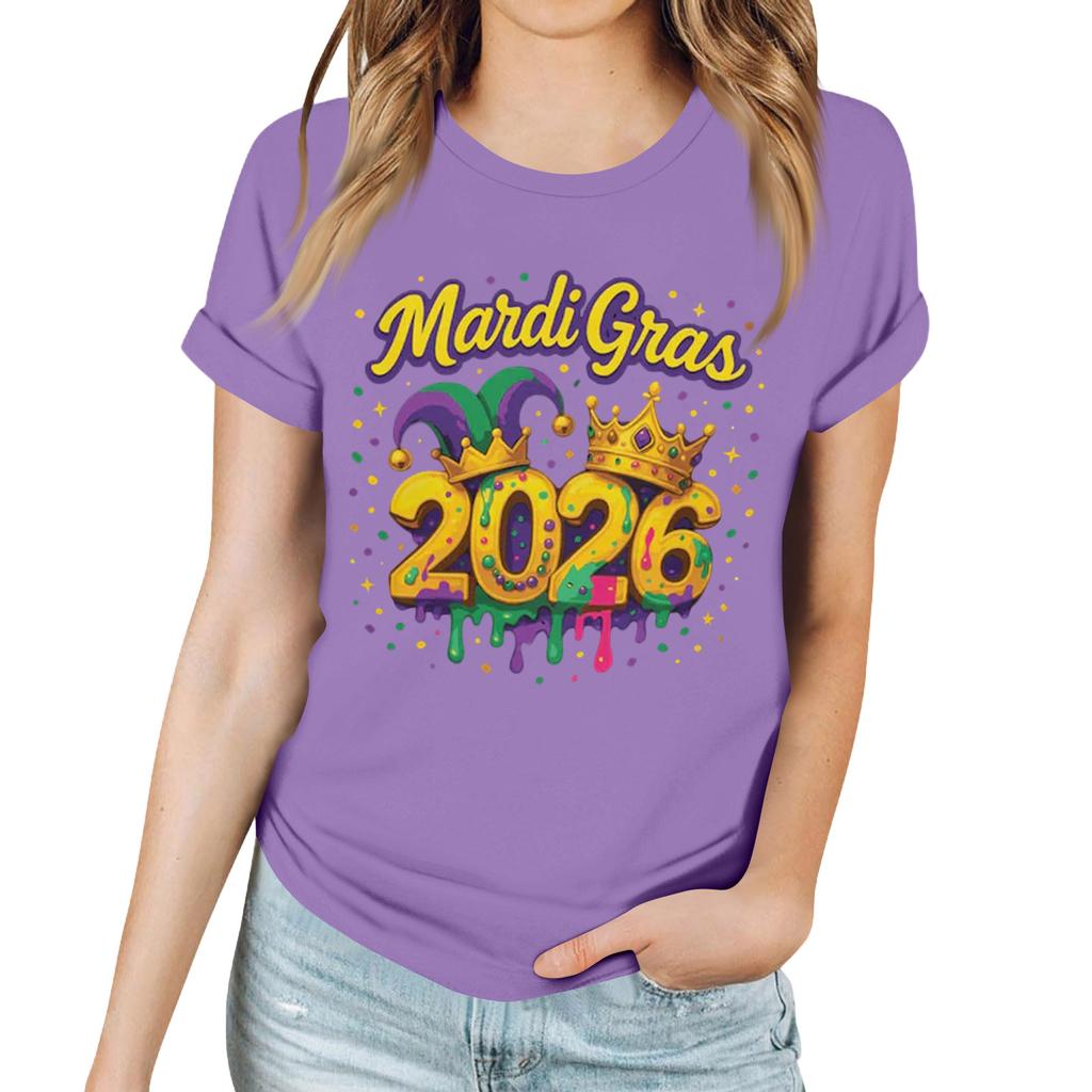 Women's Casual Carnival Print T-Shirt Round Neck Pullover Short Sleeve Top