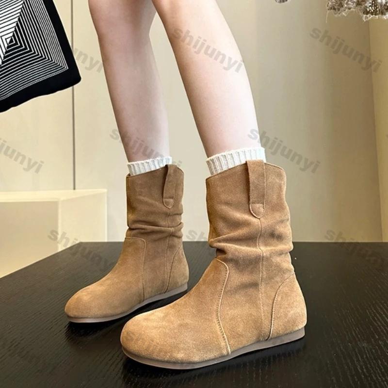 Fashion Women's Fashion Thick Heels Ankle Boots Soft Sole Pleated Ankle Boots Western Boots Woman Autumn Slip On Pile Short Botas Mujer