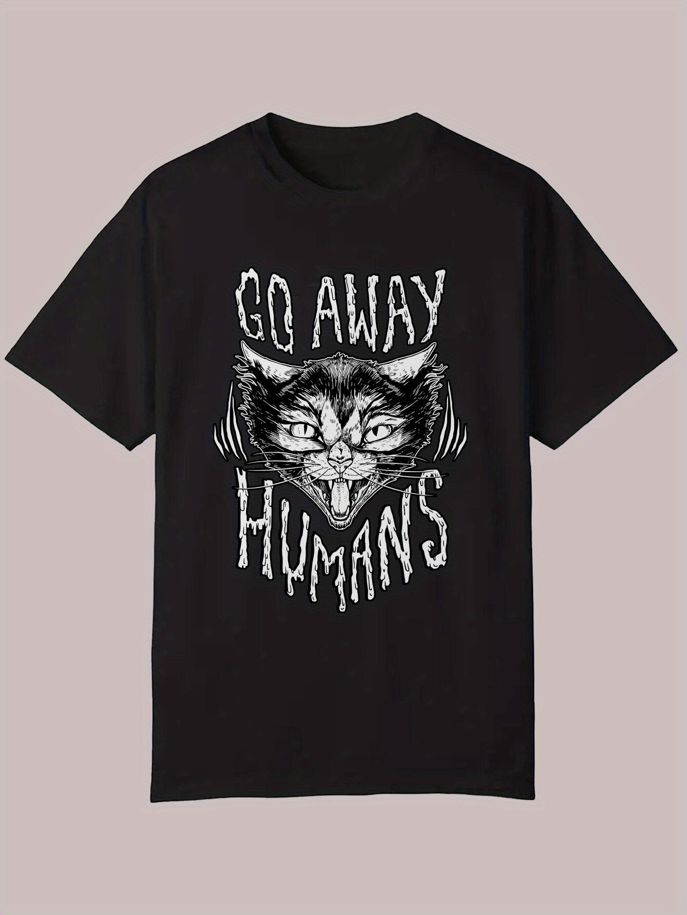 Graphic Cat Face &  GOW AWAY HUMANS  Print T-shirt - Black Casual Summer Tee XXL