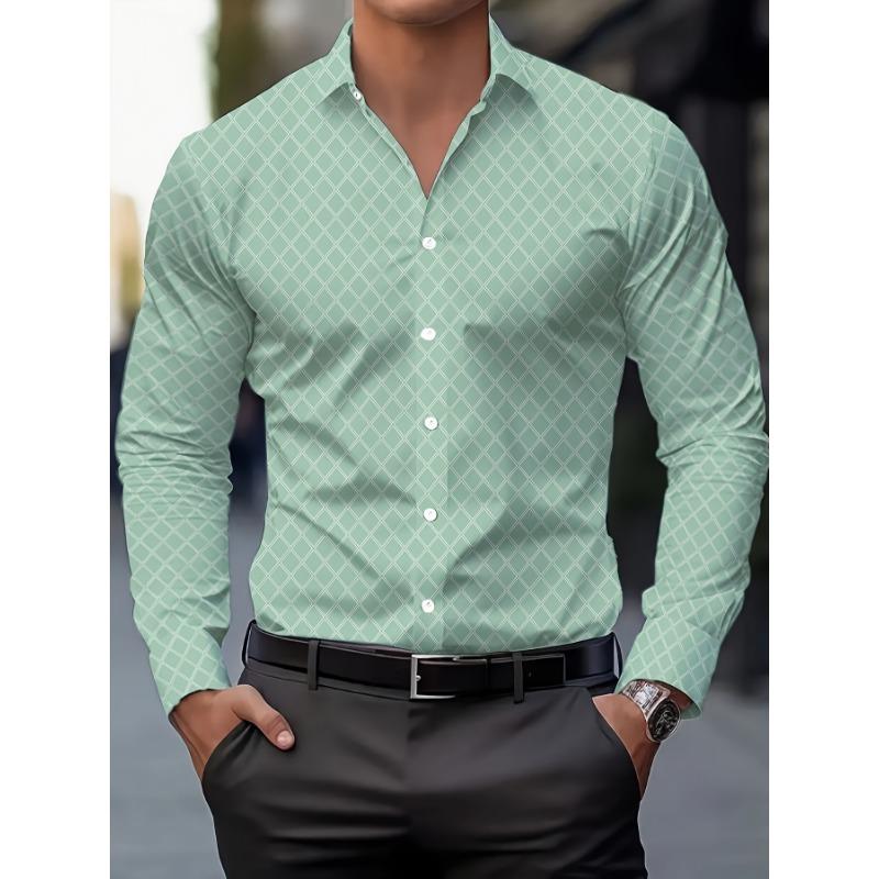 Men's Geometric Pattern Print Lapel Collar Design Dress Shirts, Long Sleeve shirt Casual Button Up Shirt For Formal Occasions