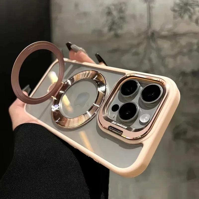 Luxury Ring Magnetic Glass Lens Stand Phone Case for iPhone 17 16 11 13 14 12 15 Pro Max Funda Magsafe Clear Protect Cover
