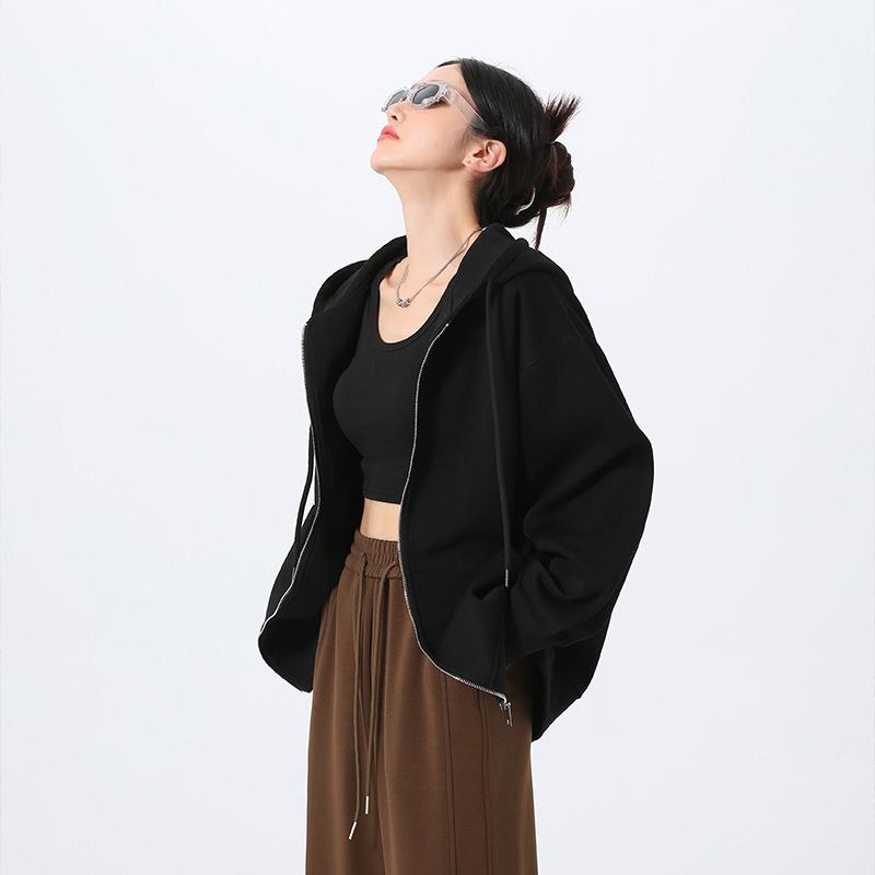 Korean-Style High-End Women's Drop Shoulder Hoodie Sweatshirt - Autumn 2024 Loose Casual Long-Sleeved Cardigan Jacket