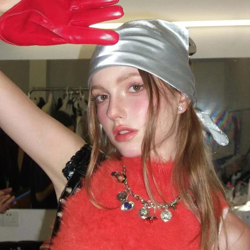 Y2K Punk Style Bandana Scarf Bling Bling Silver Fashion Headband for Women Girls Square Head Scarf  Hair Accessories